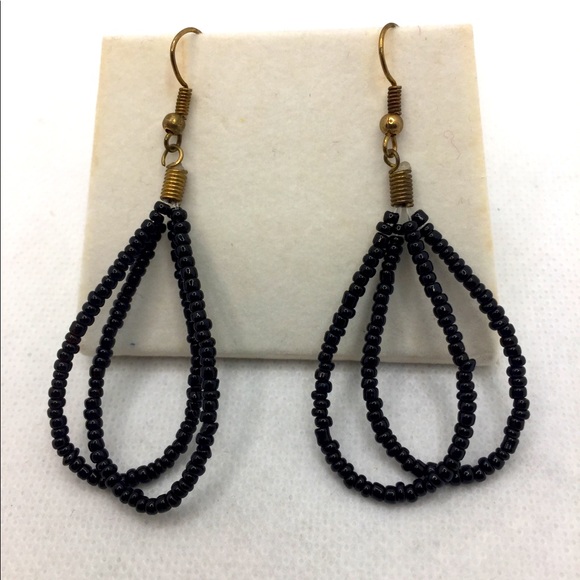 BLACK SEED BEAD DANGLE/DROP EARRINGS - Picture 2 of 10